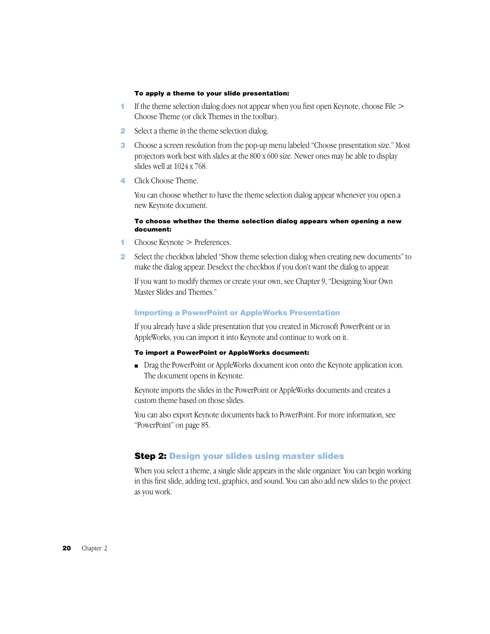 Importing a powerpoint or appleworks presentation, Step2: design your slides using master slides, Step 2 | Design your slides using master slides 20 | Apple Keynote 1 User Manual | Page 21 / 100