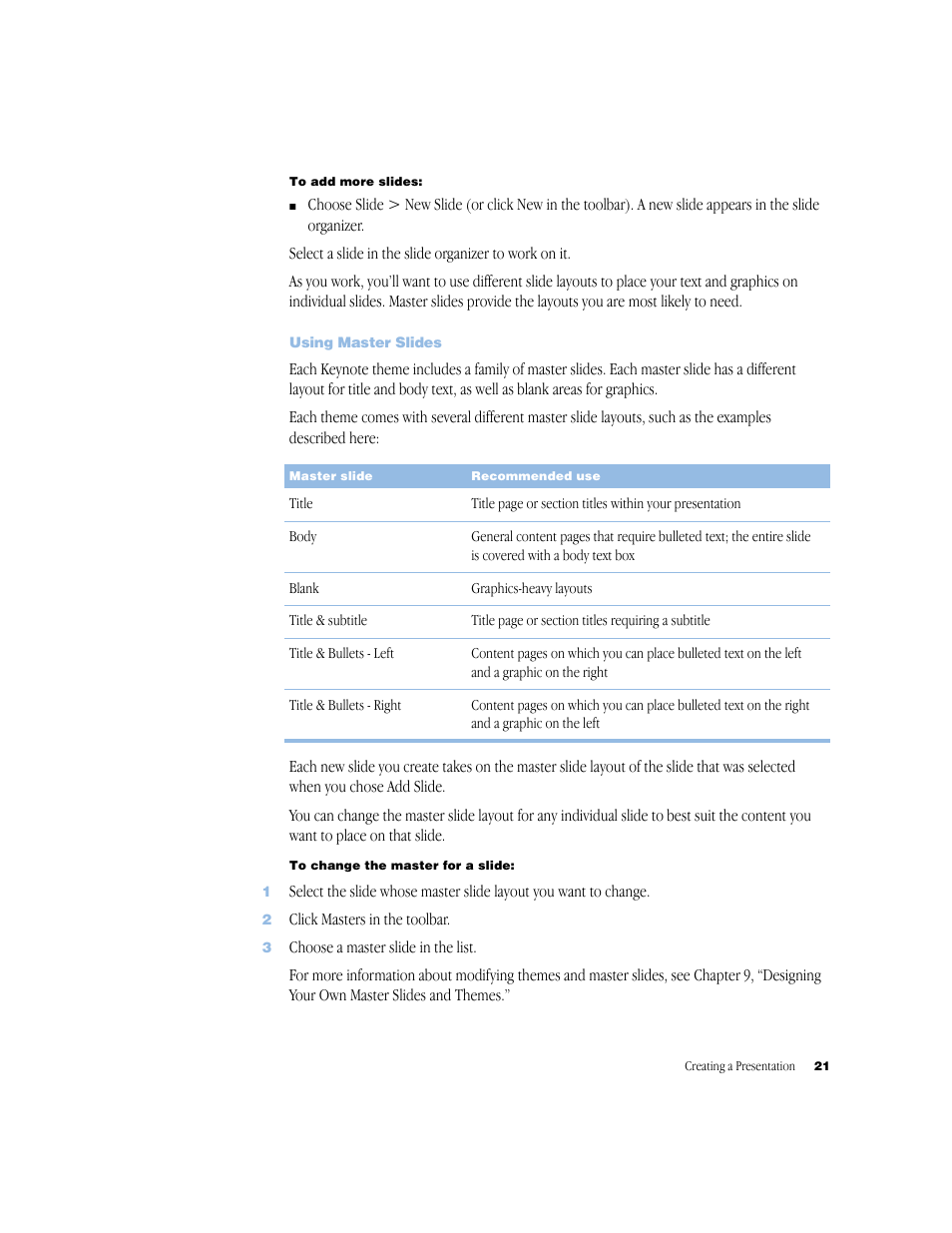 Using master slides, Using master slides 21 | Apple Keynote 1 User Manual | Page 22 / 100