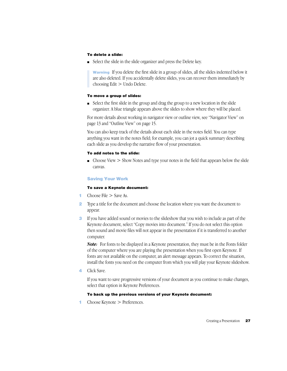 Saving your work, Saving your work 27 | Apple Keynote 1 User Manual | Page 28 / 100