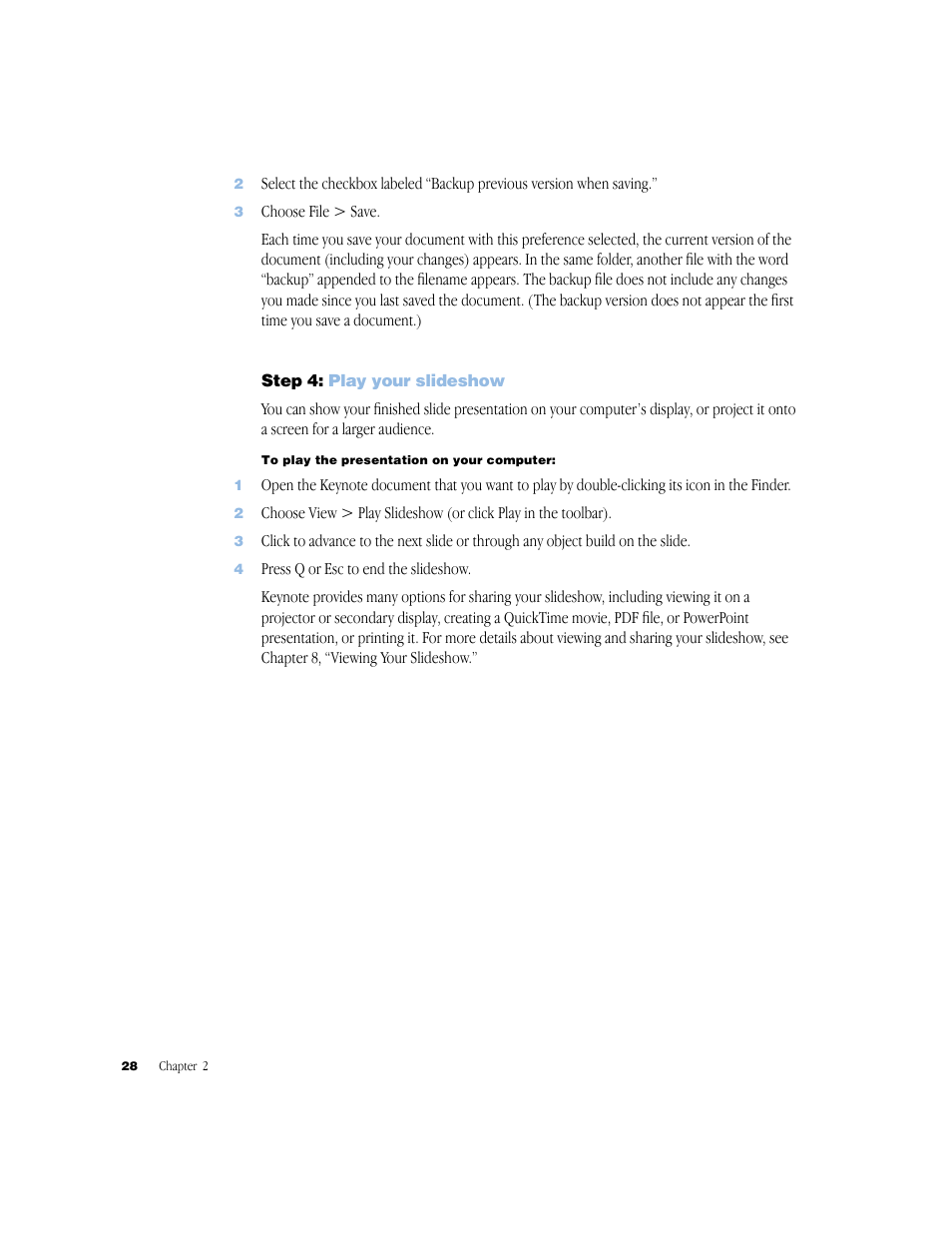 Step4: play your slideshow, Step 4, Play your slideshow 28 | Apple Keynote 1 User Manual | Page 29 / 100