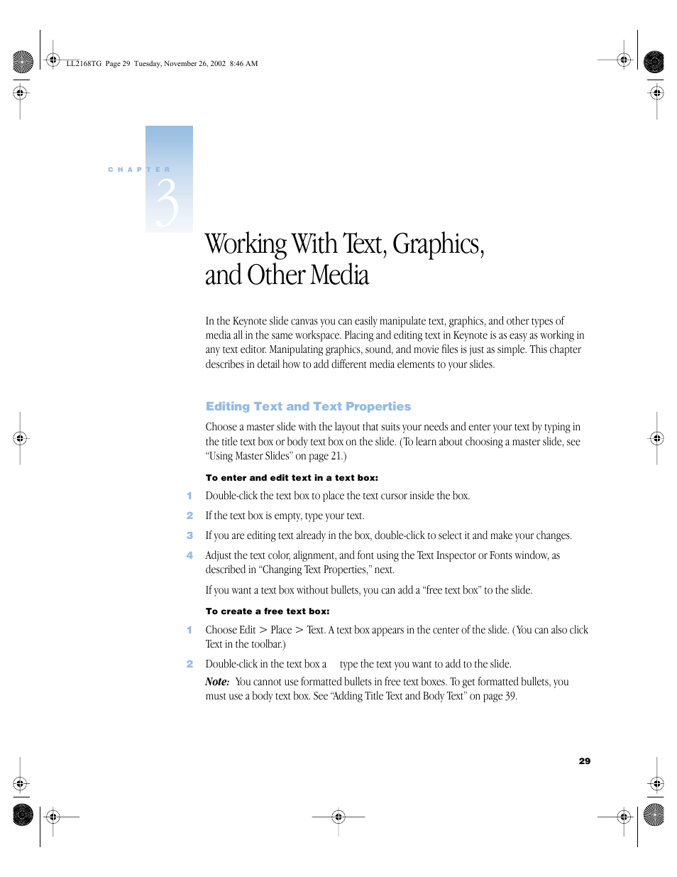 Working with text, graphics, and other media, Editing text and text properties, Working with text, graphics, and other media 29 | Editing text and text properties 29 | Apple Keynote 1 User Manual | Page 30 / 100