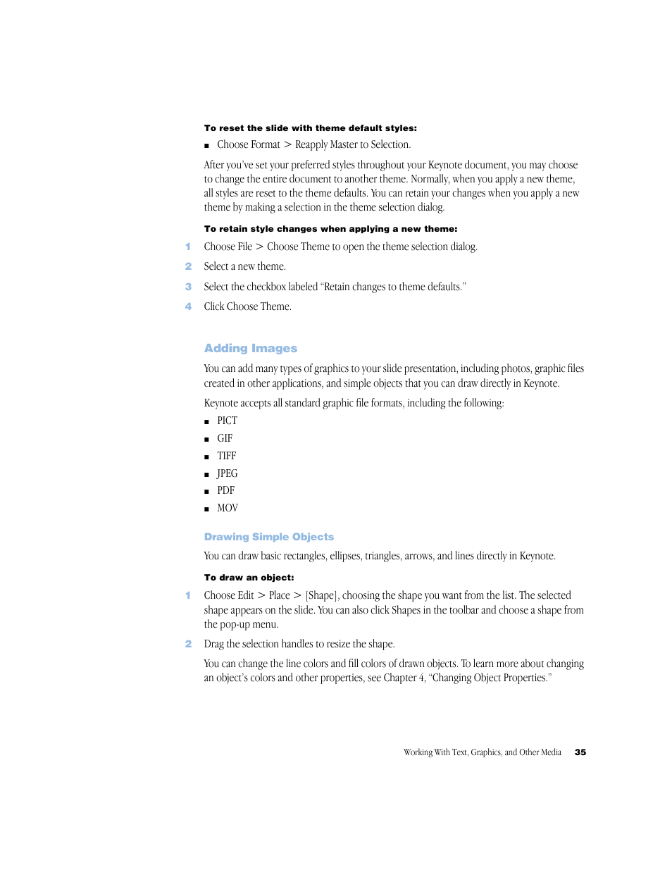 Adding images, Drawing simple objects, Adding images 35 | Drawing simple objects 35 | Apple Keynote 1 User Manual | Page 36 / 100