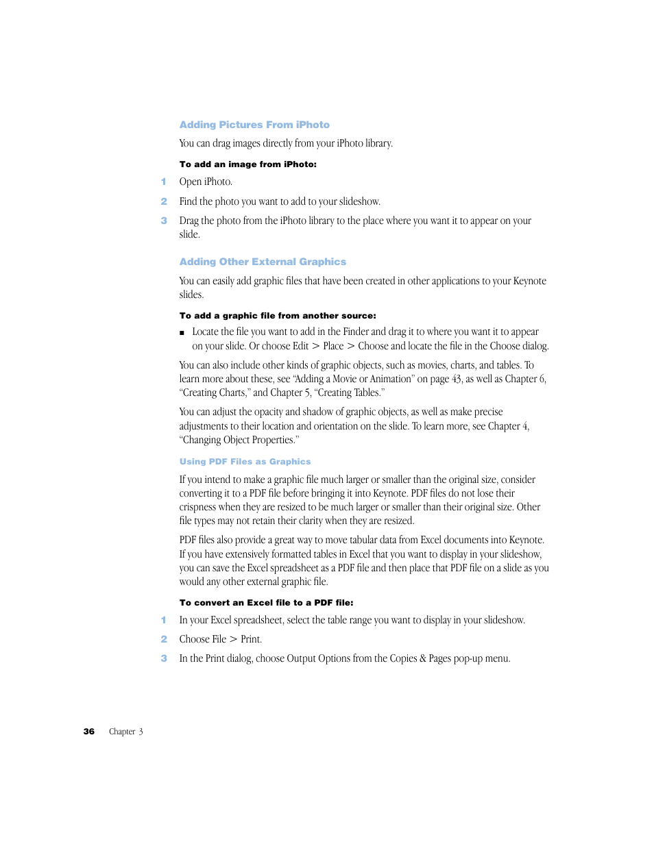 Adding pictures from iphoto, Adding other external graphics, Adding pictures from iphoto 36 | Adding other external graphics 36 | Apple Keynote 1 User Manual | Page 37 / 100