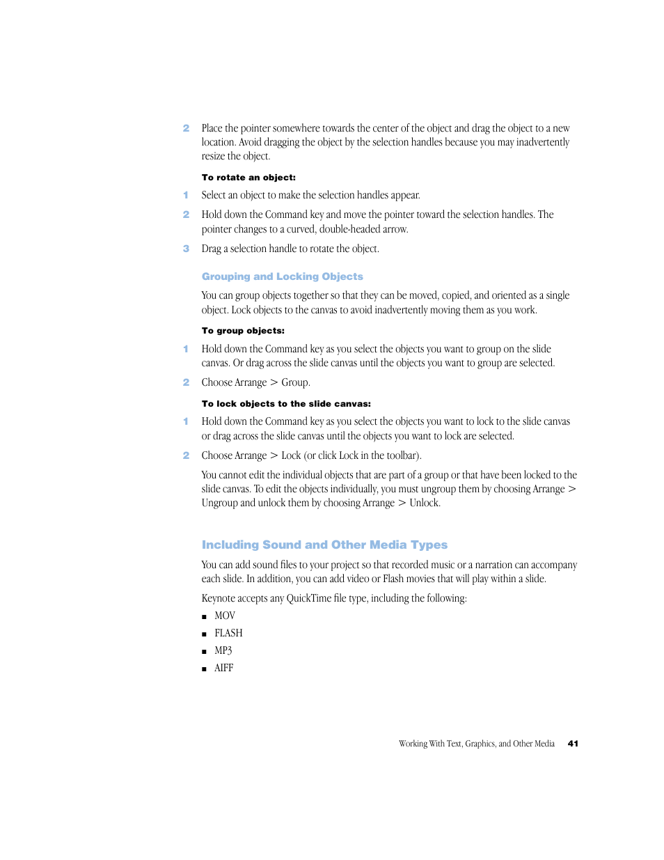 Grouping and locking objects, Including sound and other media types, Grouping and locking objects 41 | Including sound and other media types 41 | Apple Keynote 1 User Manual | Page 42 / 100