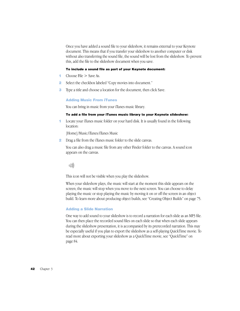 Adding music from itunes, Adding a slide narration, Adding music from itunes 42 | Adding a slide narration 42 | Apple Keynote 1 User Manual | Page 43 / 100