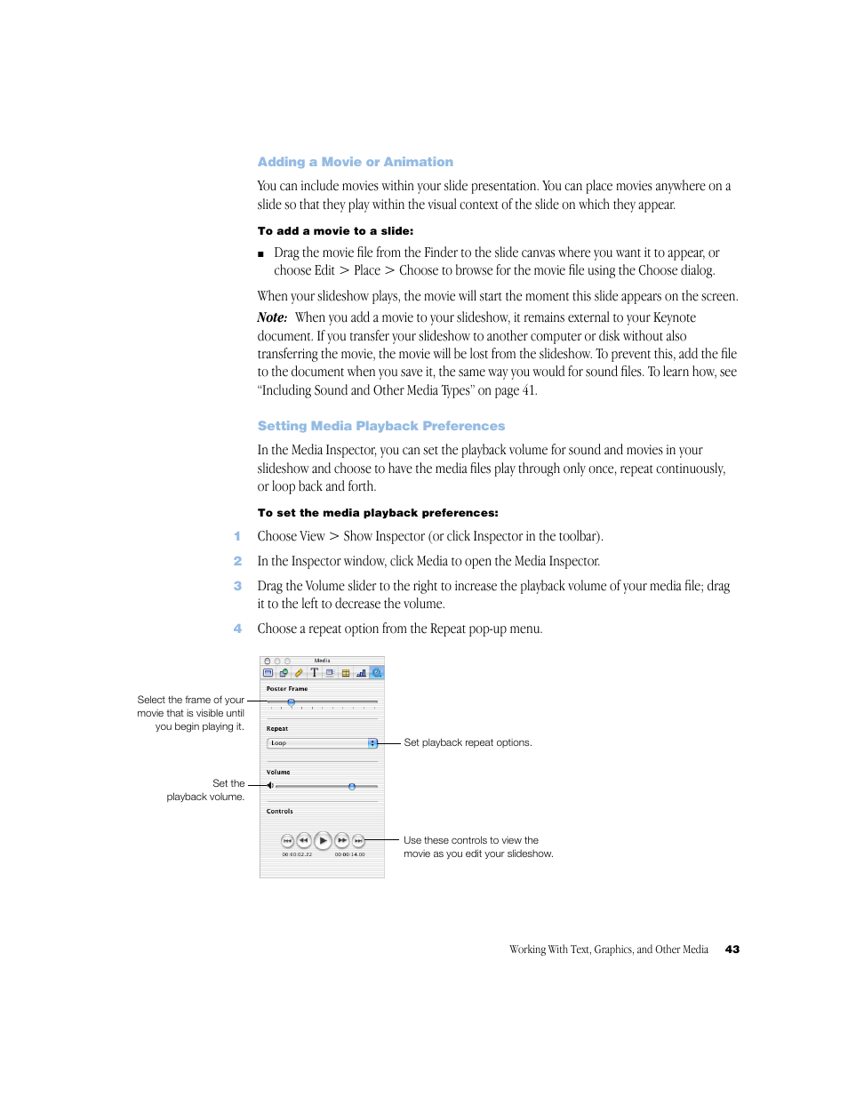 Adding a movie or animation, Setting media playback preferences, Adding a movie or animation 43 | Setting media playback preferences 43 | Apple Keynote 1 User Manual | Page 44 / 100