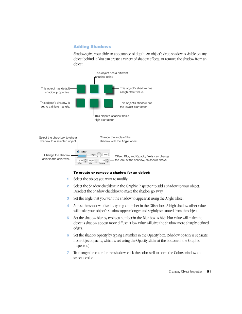 Adding shadows, Adding shadows 51, Select the object you want to modify | Apple Keynote 1 User Manual | Page 52 / 100