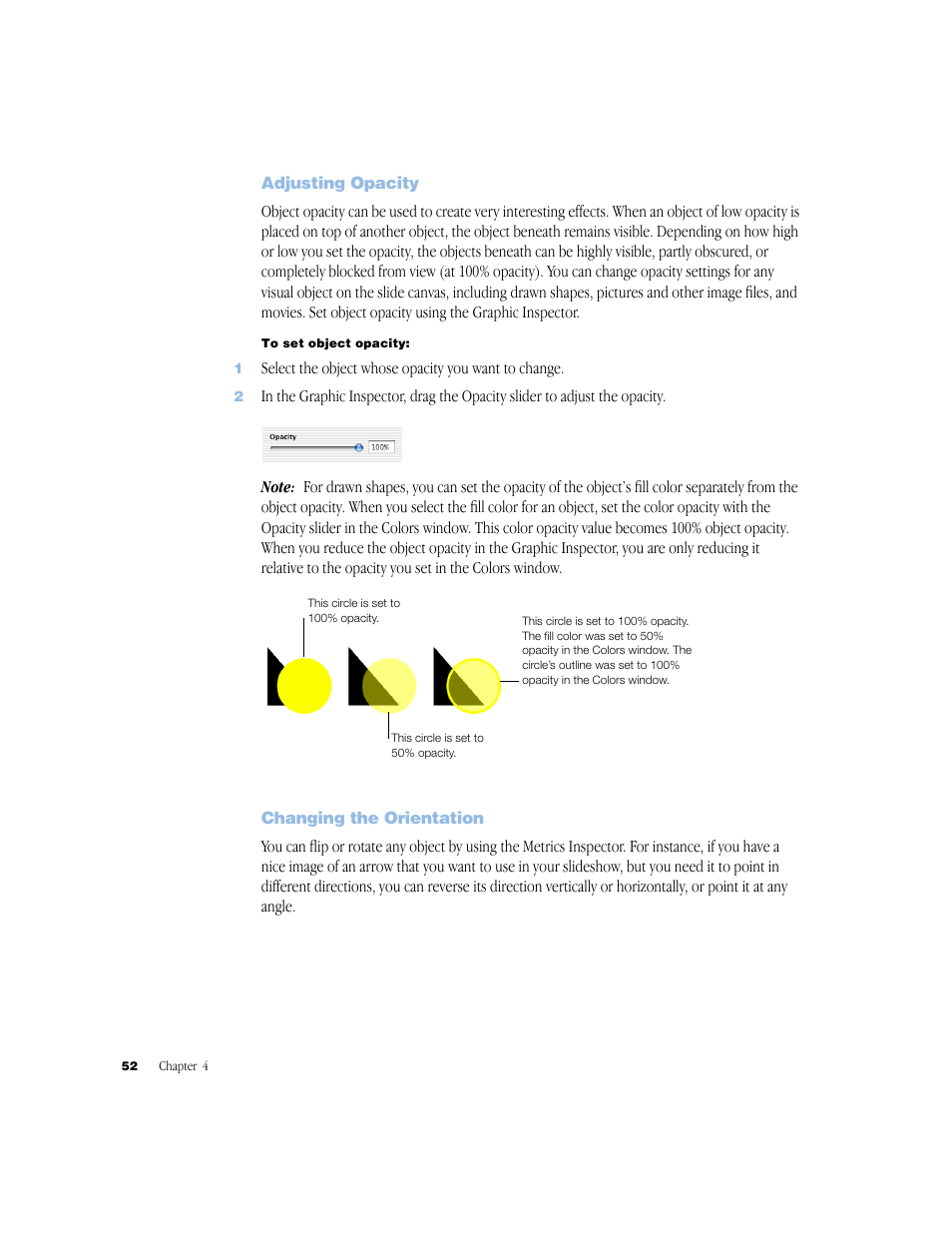 Adjusting opacity, Changing the orientation, Adjusting opacity 52 | Changing the orientation 52 | Apple Keynote 1 User Manual | Page 53 / 100