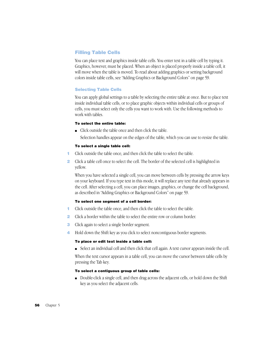 Filling table cells, Selecting table cells, Filling table cells 56 | Selecting table cells 56 | Apple Keynote 1 User Manual | Page 57 / 100