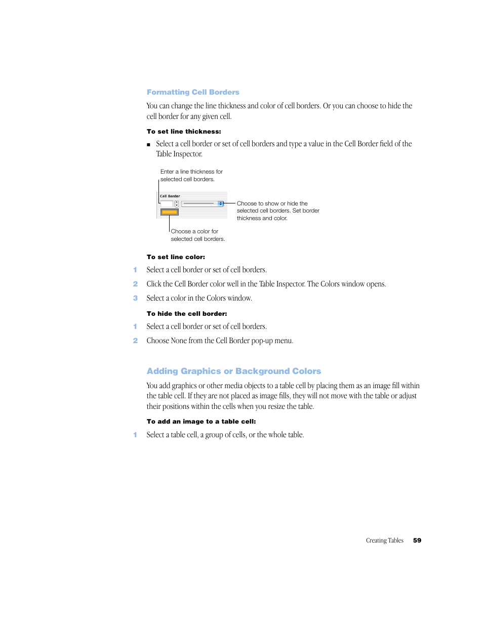 Formatting cell borders, Adding graphics or background colors, Formatting cell borders 59 | Adding graphics or background colors 59 | Apple Keynote 1 User Manual | Page 60 / 100