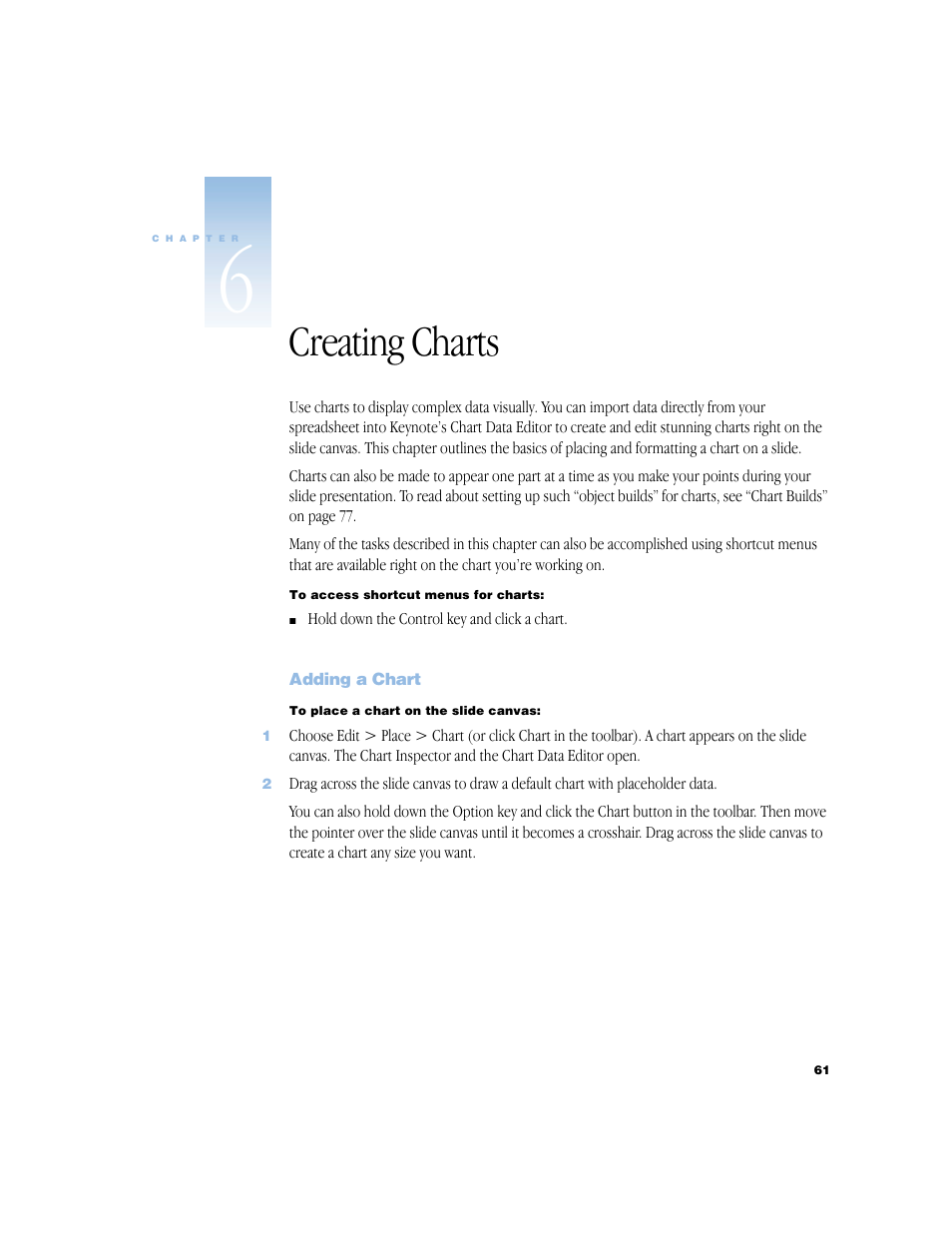 Creating charts, Adding a chart, Creating charts 61 | Adding a chart 61, Creating charts,” and chapter 5, “creating t | Apple Keynote 1 User Manual | Page 62 / 100