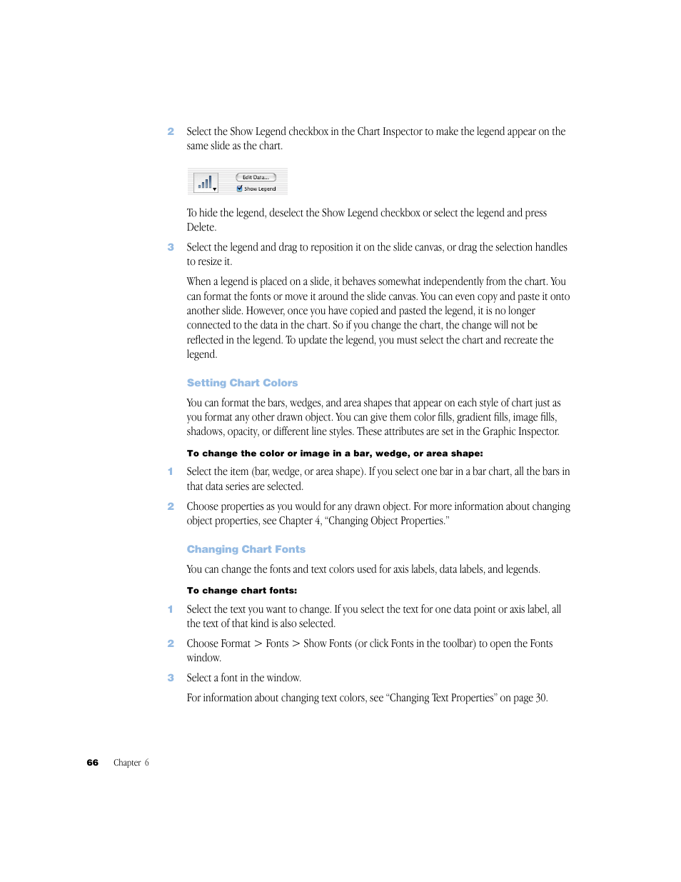 Setting chart colors, Changing chart fonts, Setting chart colors 66 | Changing chart fonts 66 | Apple Keynote 1 User Manual | Page 67 / 100