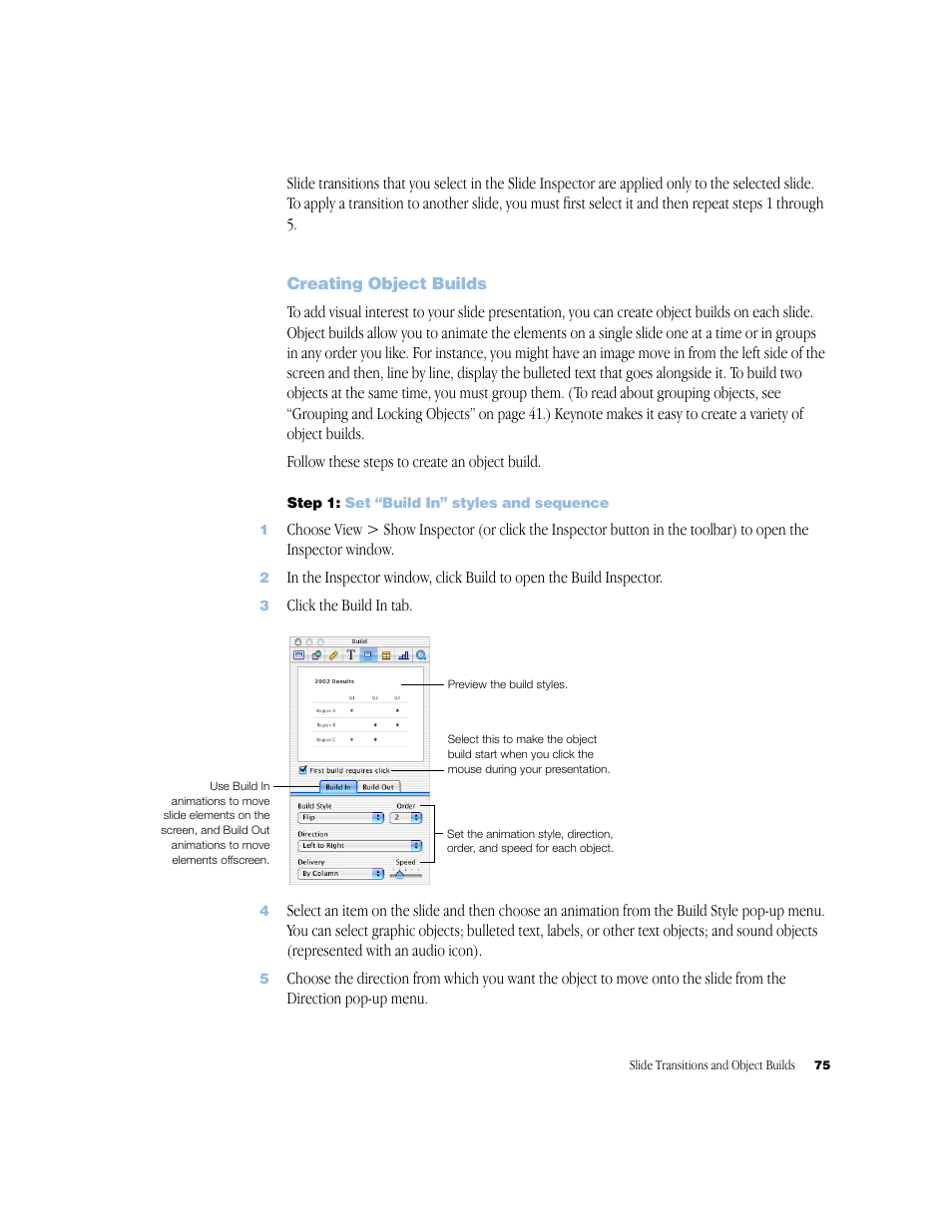 Creating object builds, Step1: set “build in” styles and sequence, Creating object builds 75 | Step 1, Set “build in” styles and sequence 75 | Apple Keynote 1 User Manual | Page 76 / 100
