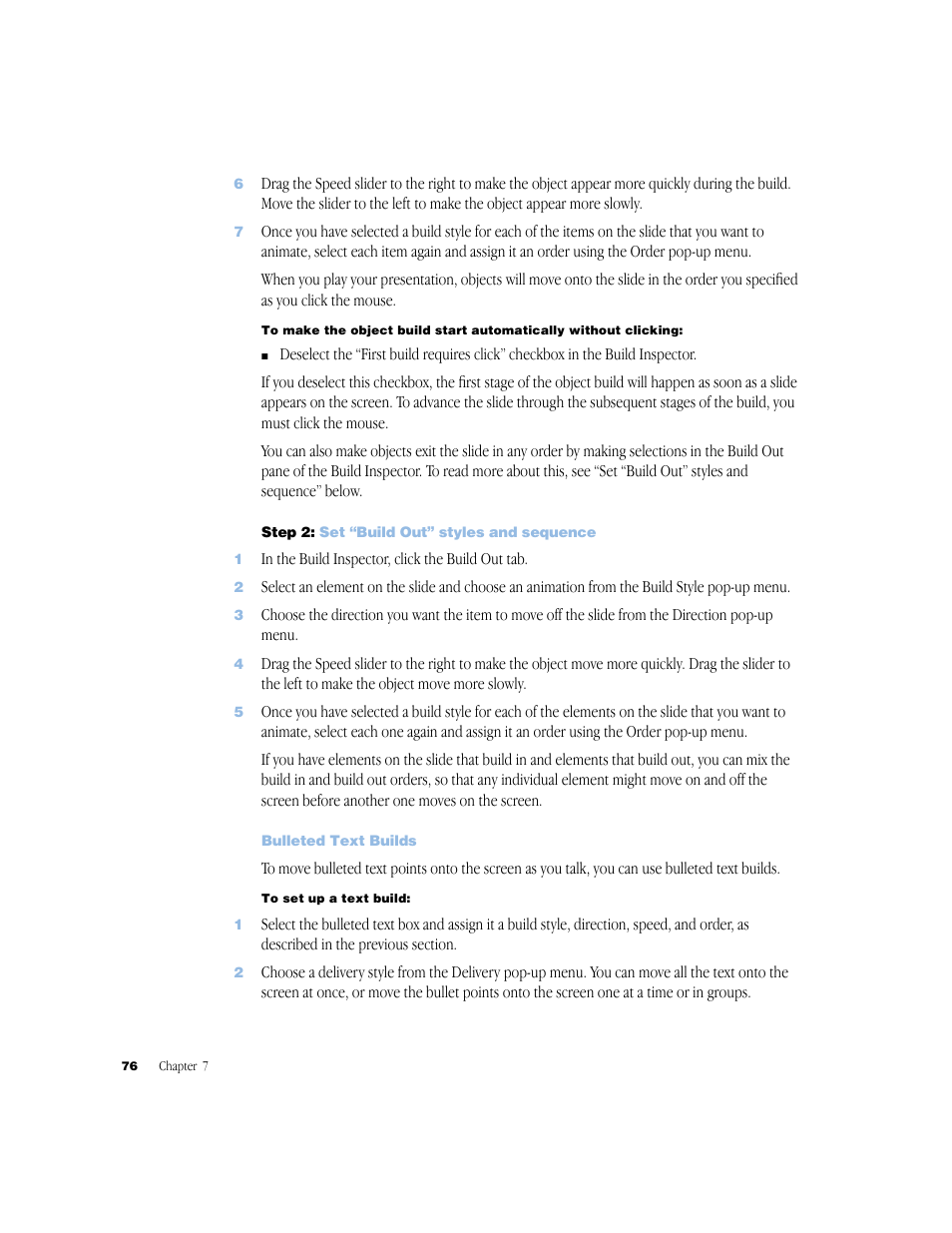 Step2: set “build out” styles and sequence, Bulleted text builds, Step 2 | Set “build out” styles and sequence 76, Bulleted text builds 76 | Apple Keynote 1 User Manual | Page 77 / 100