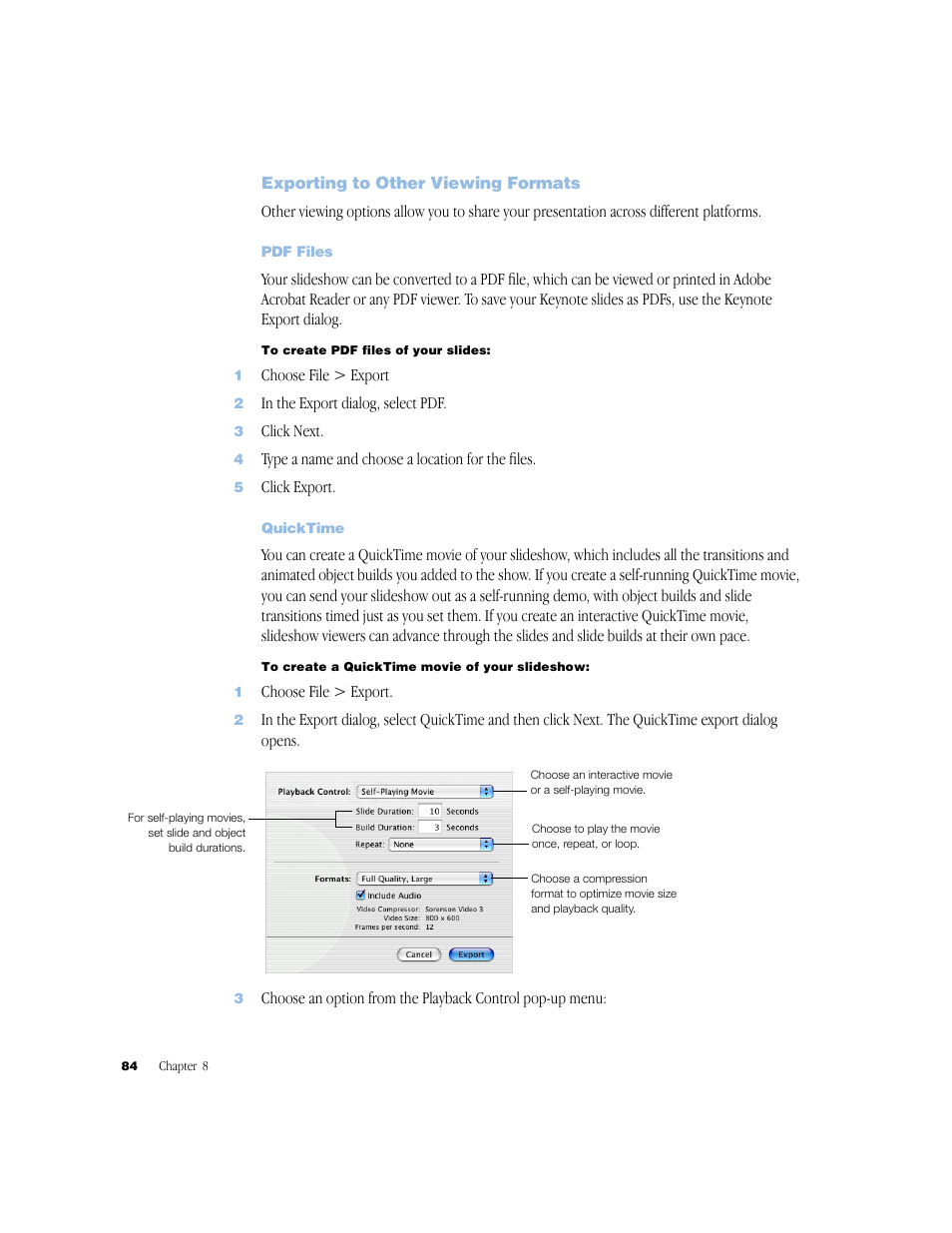 Exporting to other viewing formats, Pdf files, Quicktime | Exporting to other viewing formats 84, Pdf files 84, Quicktime 84 | Apple Keynote 1 User Manual | Page 85 / 100
