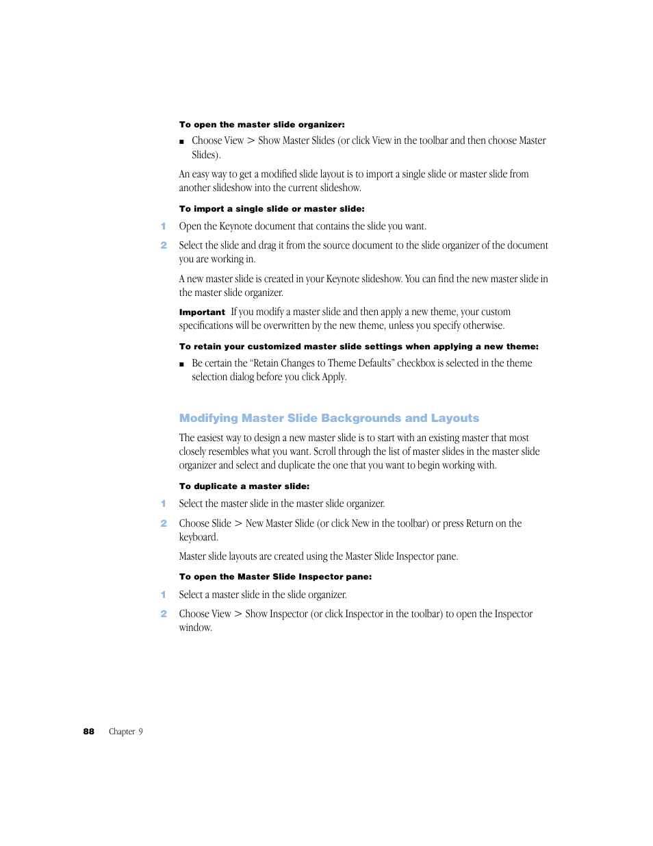 Modifying master slide backgrounds and layouts, Modifying master slide backgrounds and layouts 88 | Apple Keynote 1 User Manual | Page 89 / 100