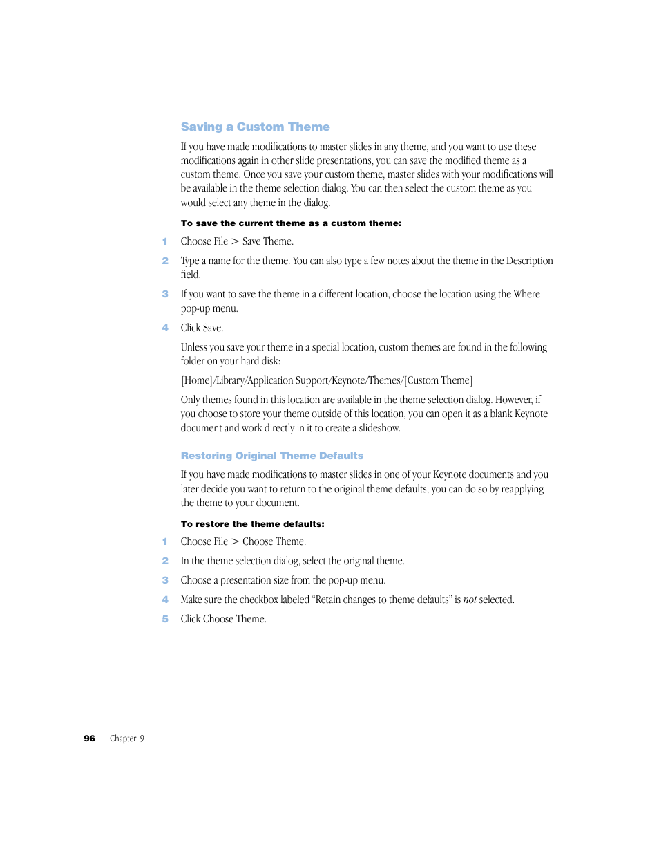 Saving a custom theme, Restoring original theme defaults, Saving a custom theme 96 | Restoring original theme defaults 96 | Apple Keynote 1 User Manual | Page 97 / 100