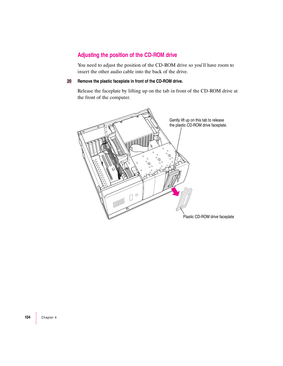 Adjusting the position of the cd-rom drive | Apple PC Compatibility Card User Manual | Page 104 / 338