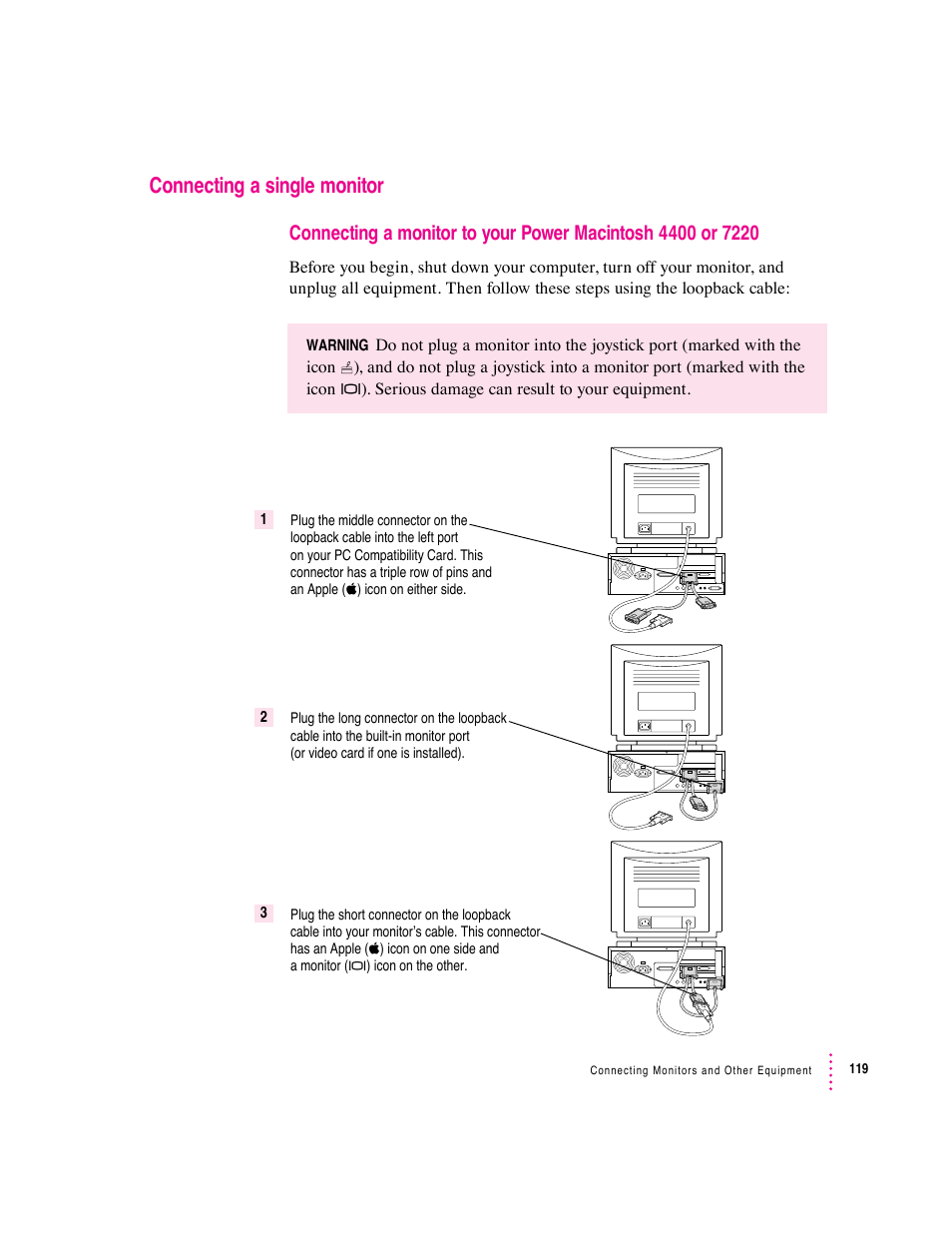 Connecting a single monitor | Apple PC Compatibility Card User Manual | Page 119 / 338