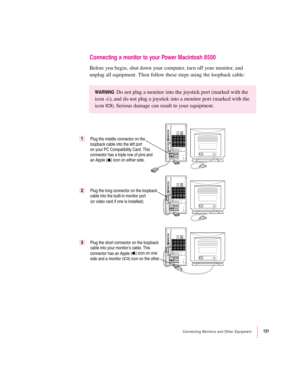 Connecting a monitor to your power macintosh 8500 | Apple PC Compatibility Card User Manual | Page 121 / 338