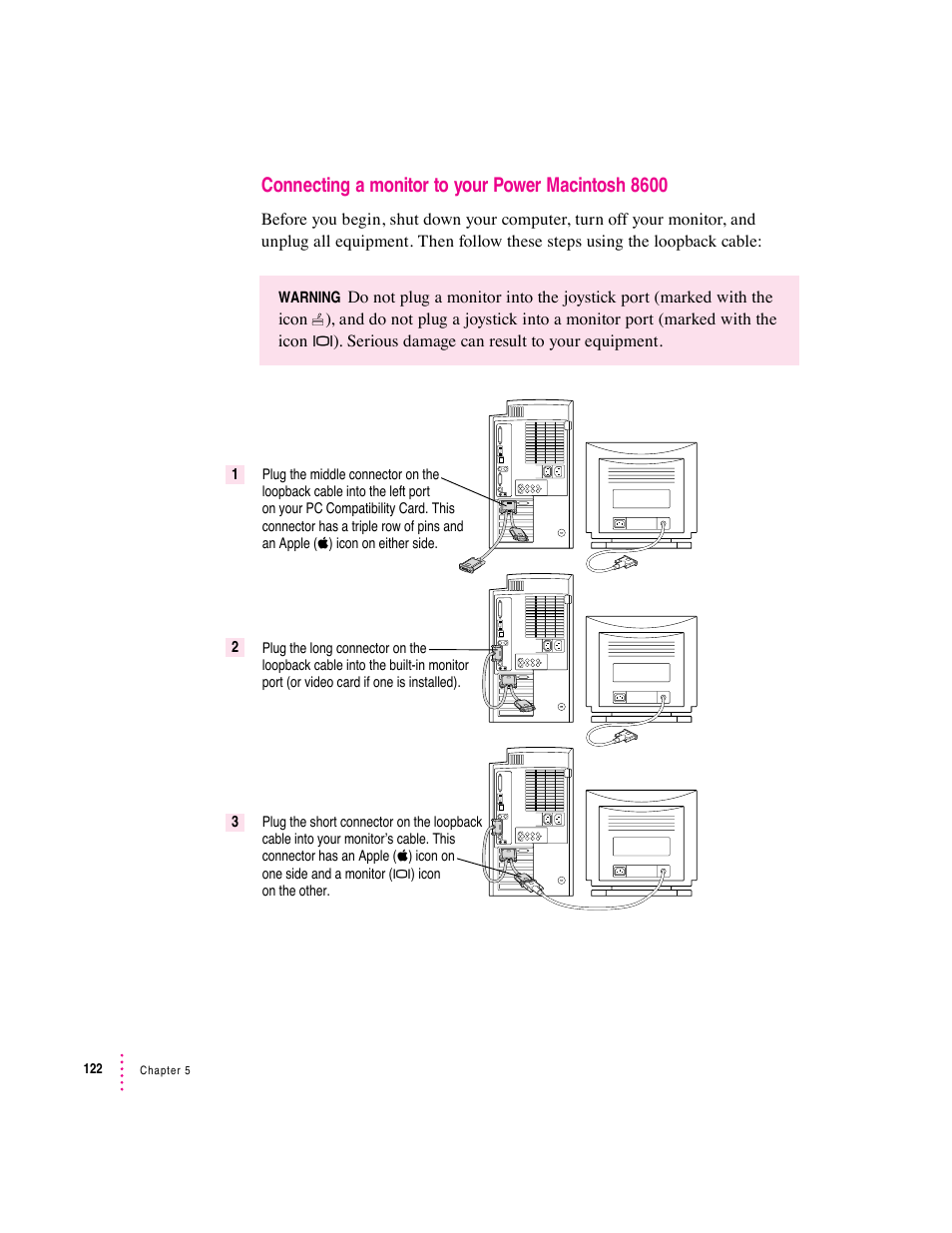 Connecting a monitor to your power macintosh 8600 | Apple PC Compatibility Card User Manual | Page 122 / 338