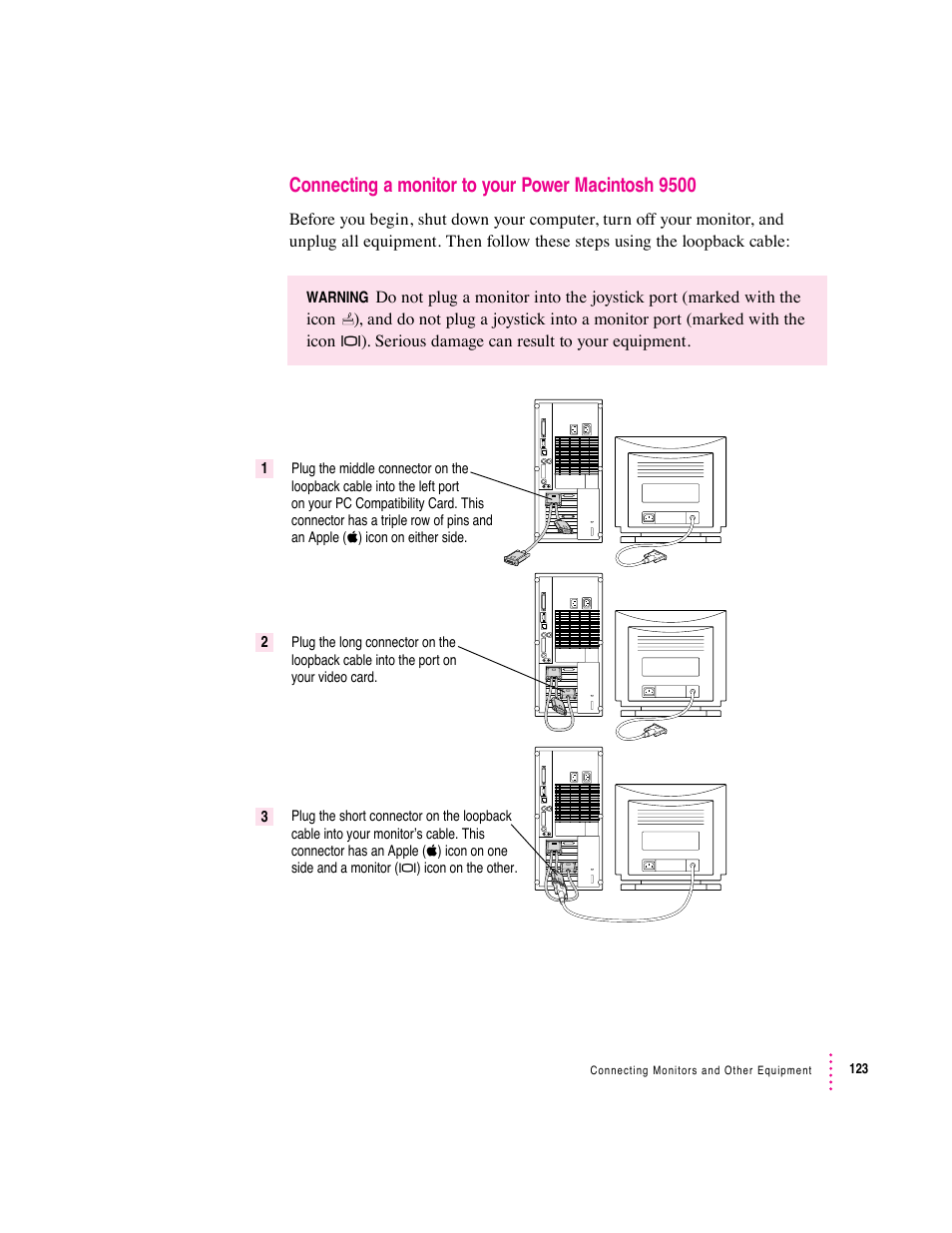 Connecting a monitor to your power macintosh 9500 | Apple PC Compatibility Card User Manual | Page 123 / 338