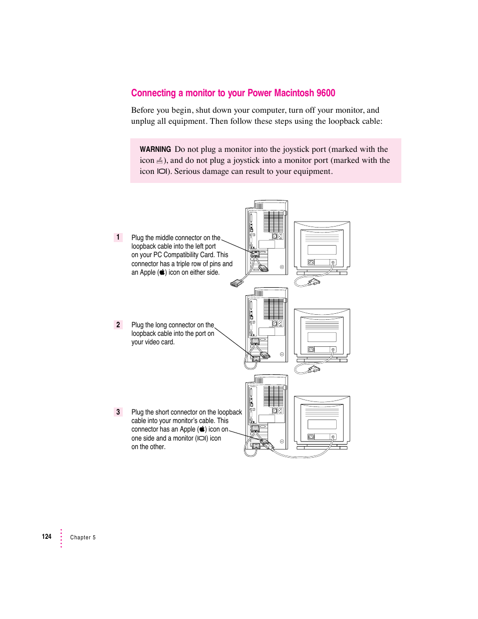 Connecting a monitor to your power macintosh 9600 | Apple PC Compatibility Card User Manual | Page 124 / 338