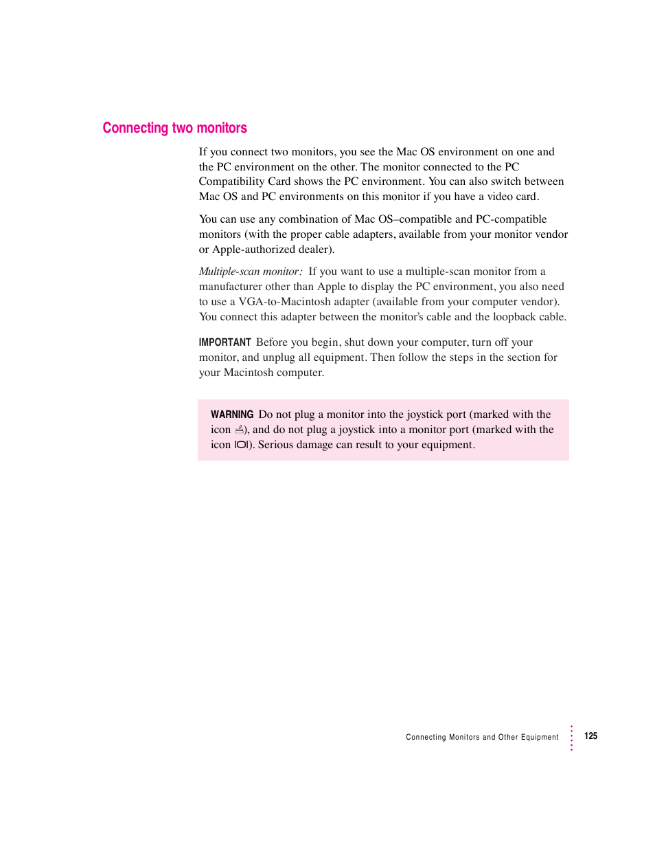 Connecting two monitors | Apple PC Compatibility Card User Manual | Page 125 / 338