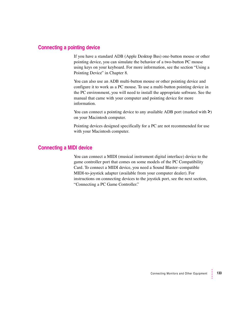 Connecting a pointing device, Connecting a midi device | Apple PC Compatibility Card User Manual | Page 133 / 338