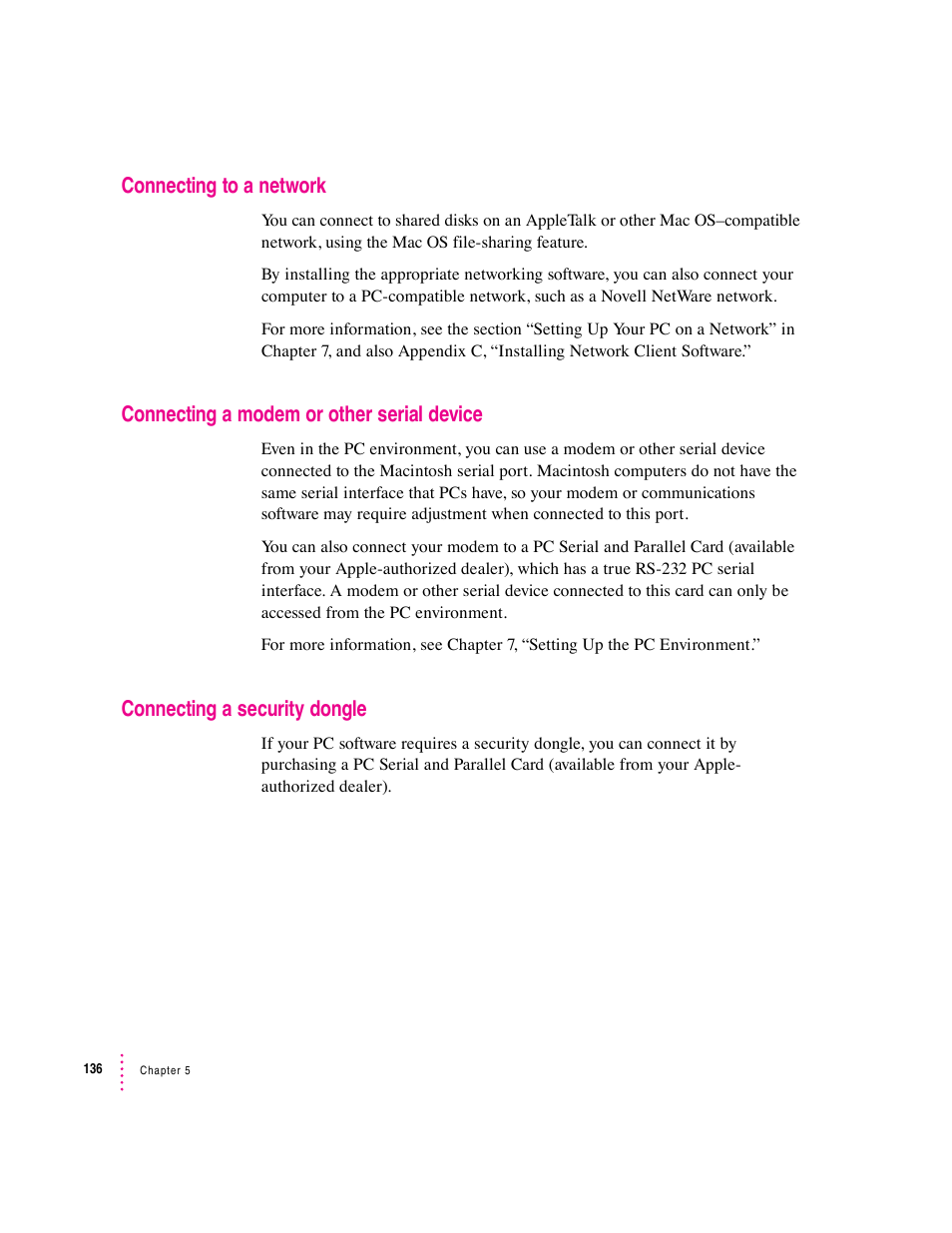 Connecting to a network, Connecting a modem or other serial device, Connecting a security dongle | Apple PC Compatibility Card User Manual | Page 136 / 338