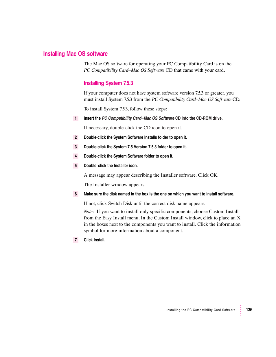 Installing mac os software, Installing system 7.5.3 | Apple PC Compatibility Card User Manual | Page 139 / 338