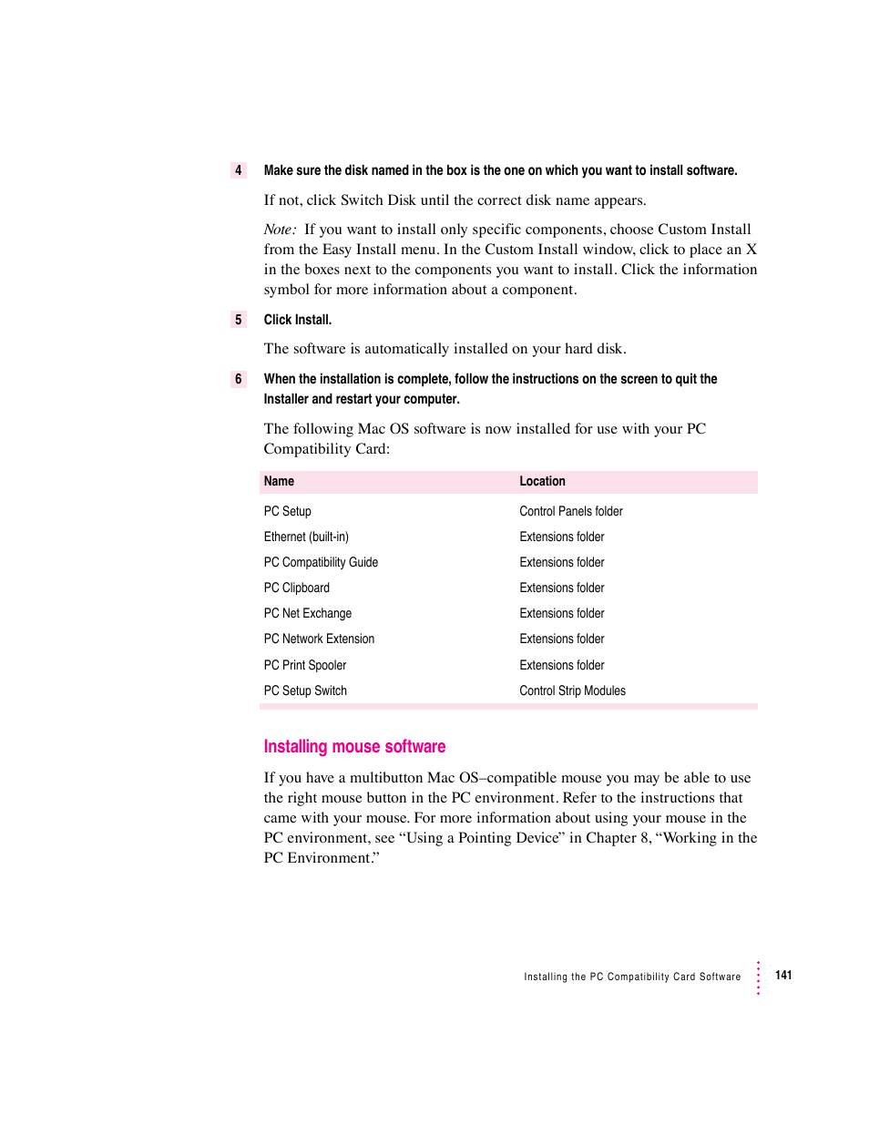 Installing mouse software | Apple PC Compatibility Card User Manual | Page 141 / 338