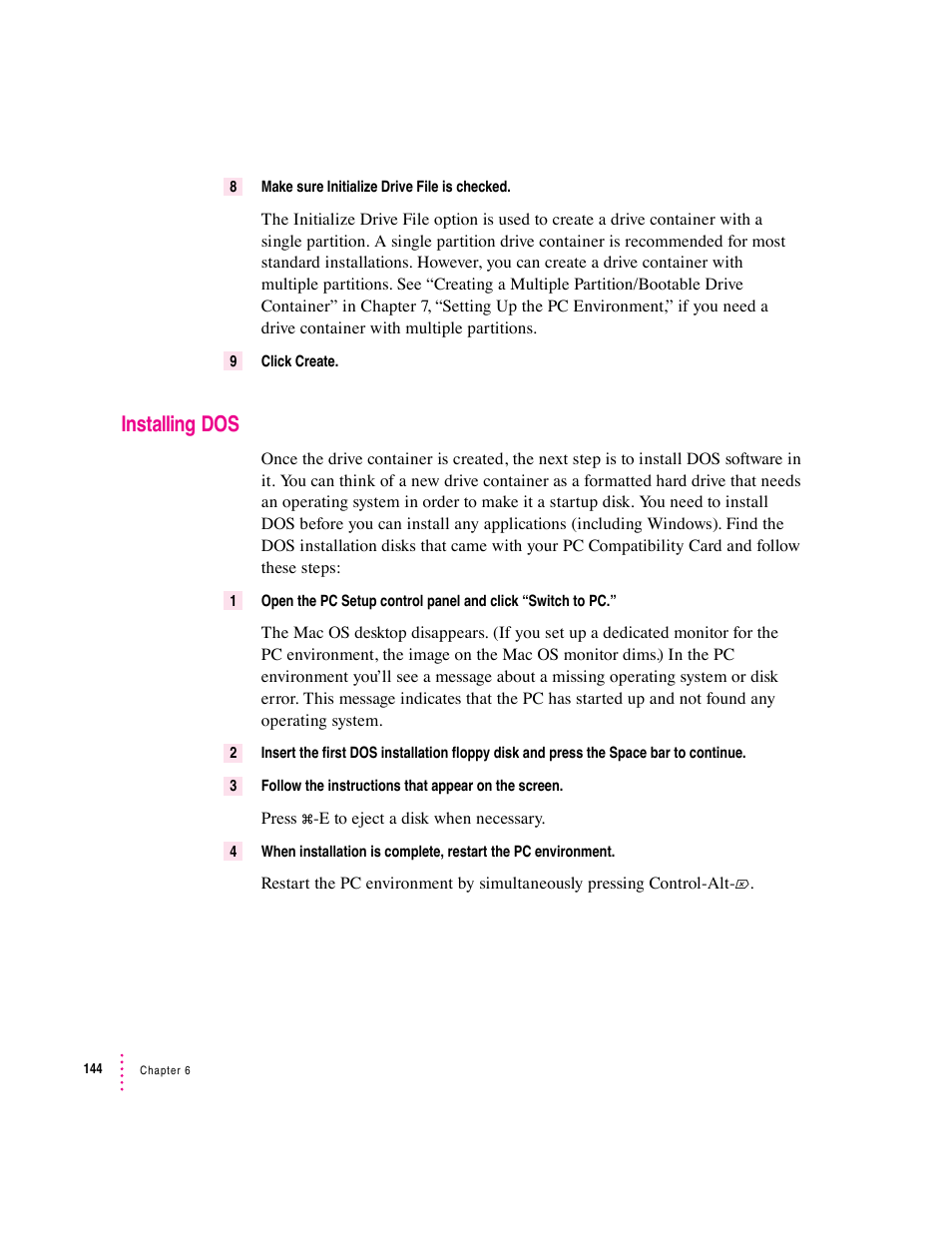 Installing dos | Apple PC Compatibility Card User Manual | Page 144 / 338