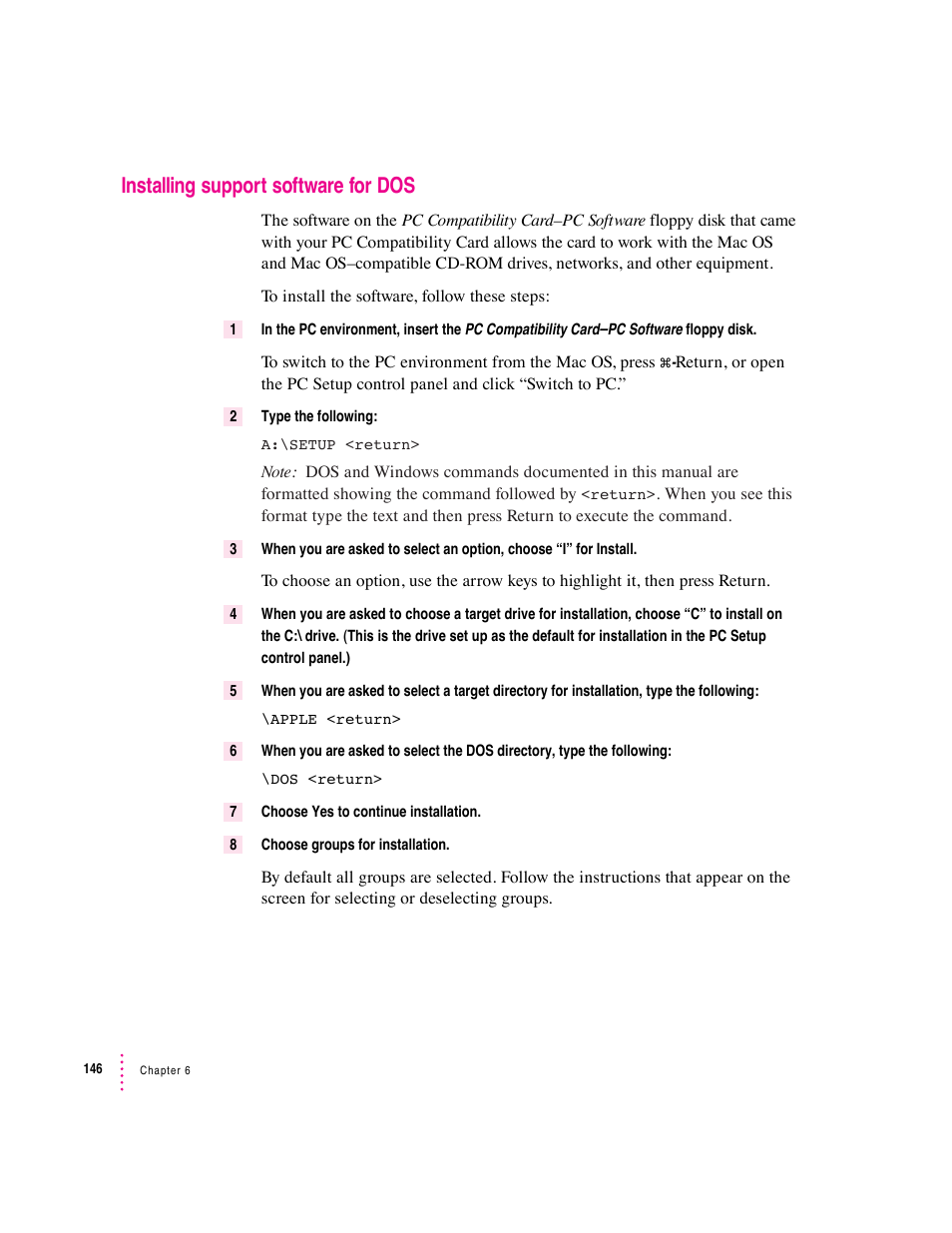 Installing support software for dos | Apple PC Compatibility Card User Manual | Page 146 / 338