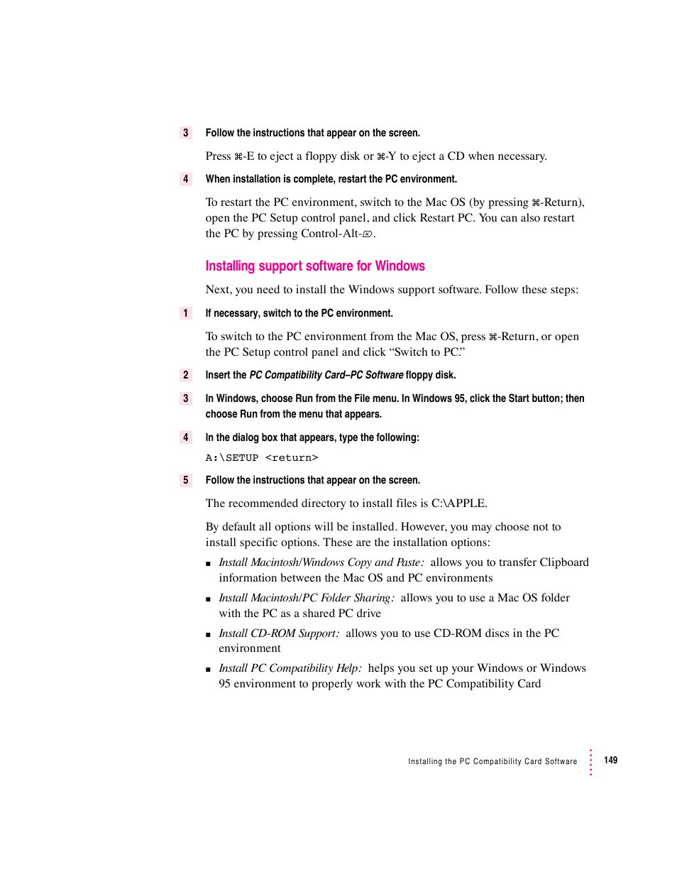 Installing support software for windows | Apple PC Compatibility Card User Manual | Page 149 / 338