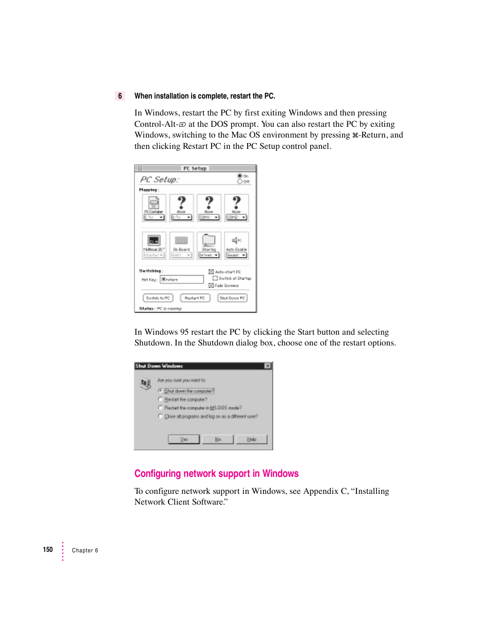 Configuring network support in windows | Apple PC Compatibility Card User Manual | Page 150 / 338