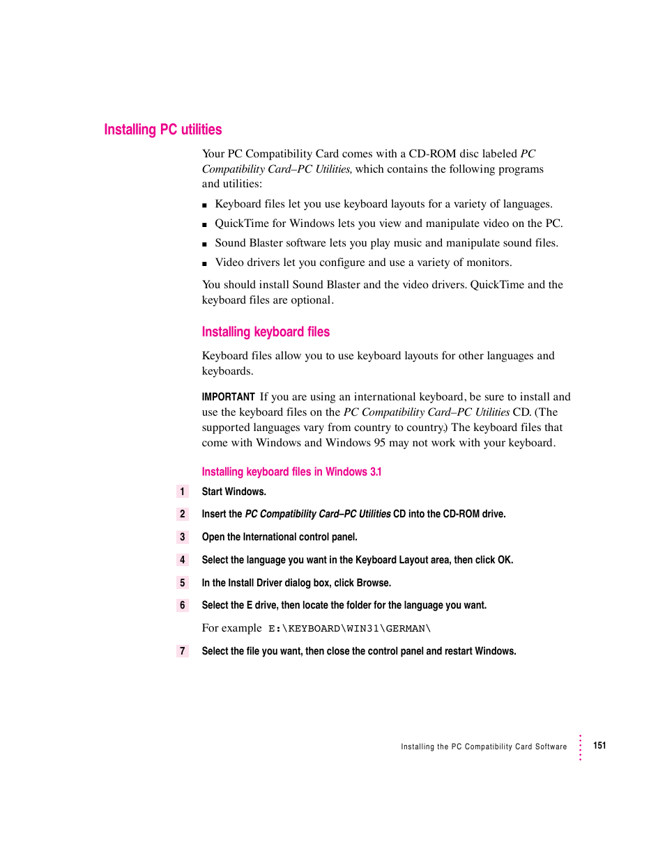 Installing pc utilities, Installing keyboard files | Apple PC Compatibility Card User Manual | Page 151 / 338