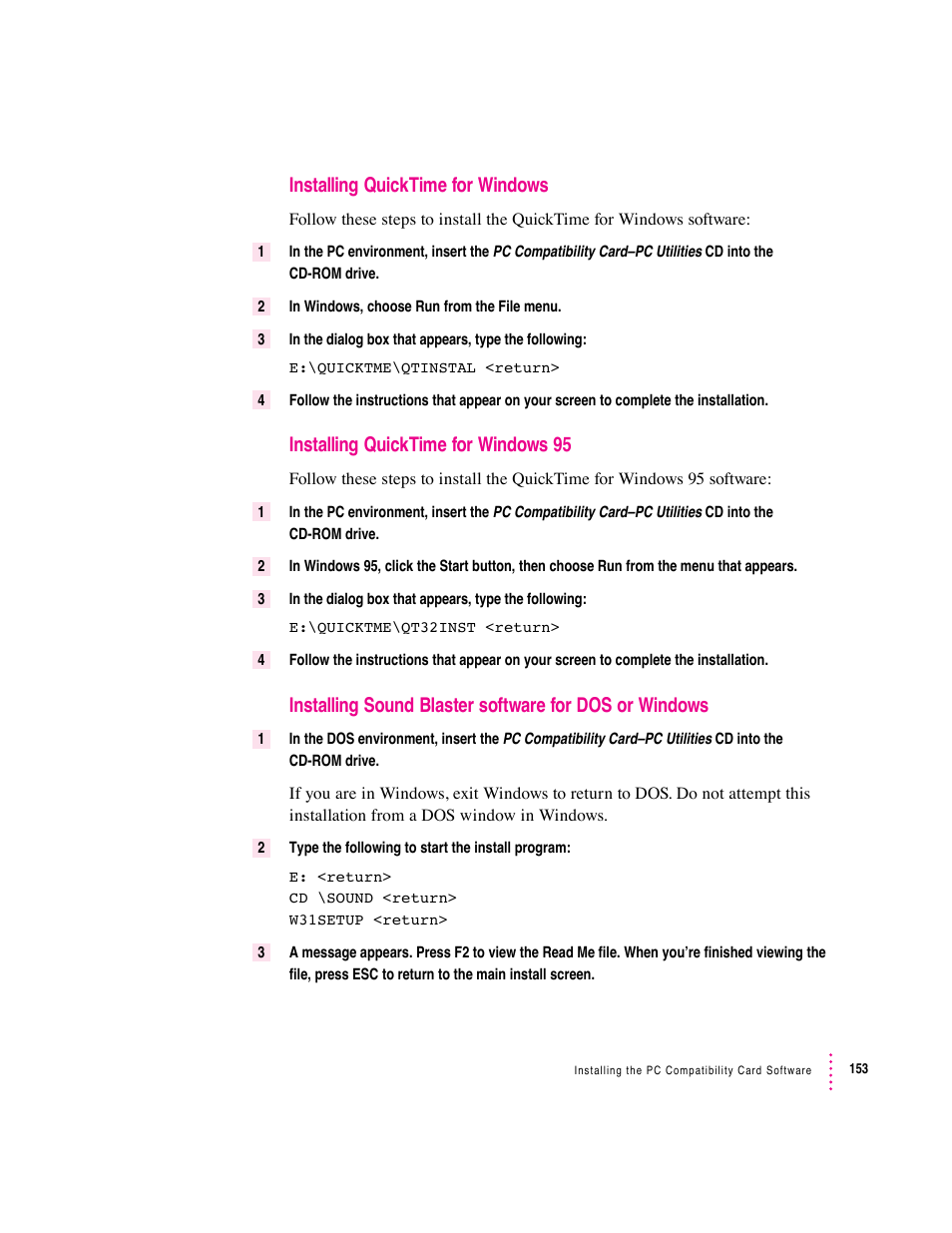Installing quicktime for windows, Installing quicktime for windows 95 | Apple PC Compatibility Card User Manual | Page 153 / 338