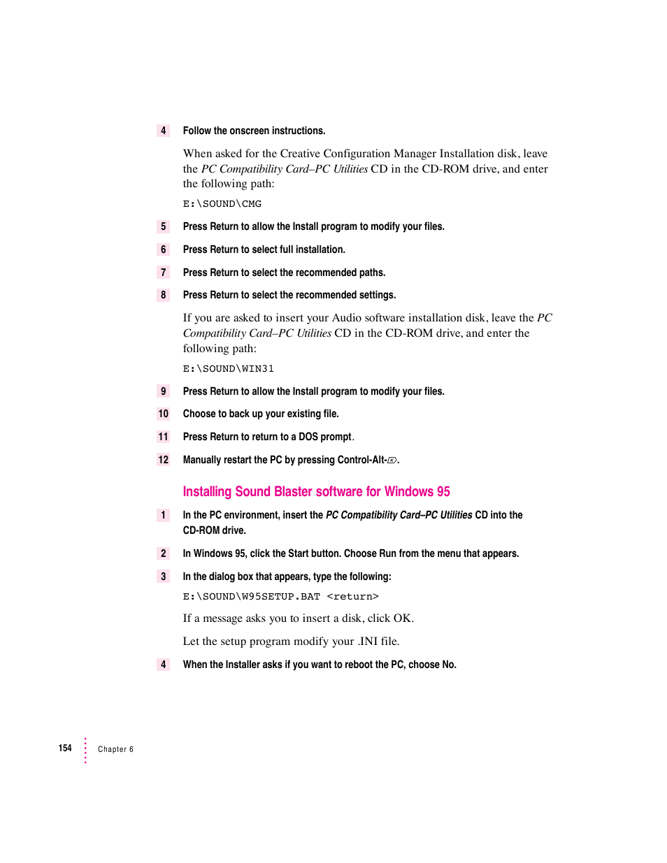 Installing sound blaster software for windows 95 | Apple PC Compatibility Card User Manual | Page 154 / 338