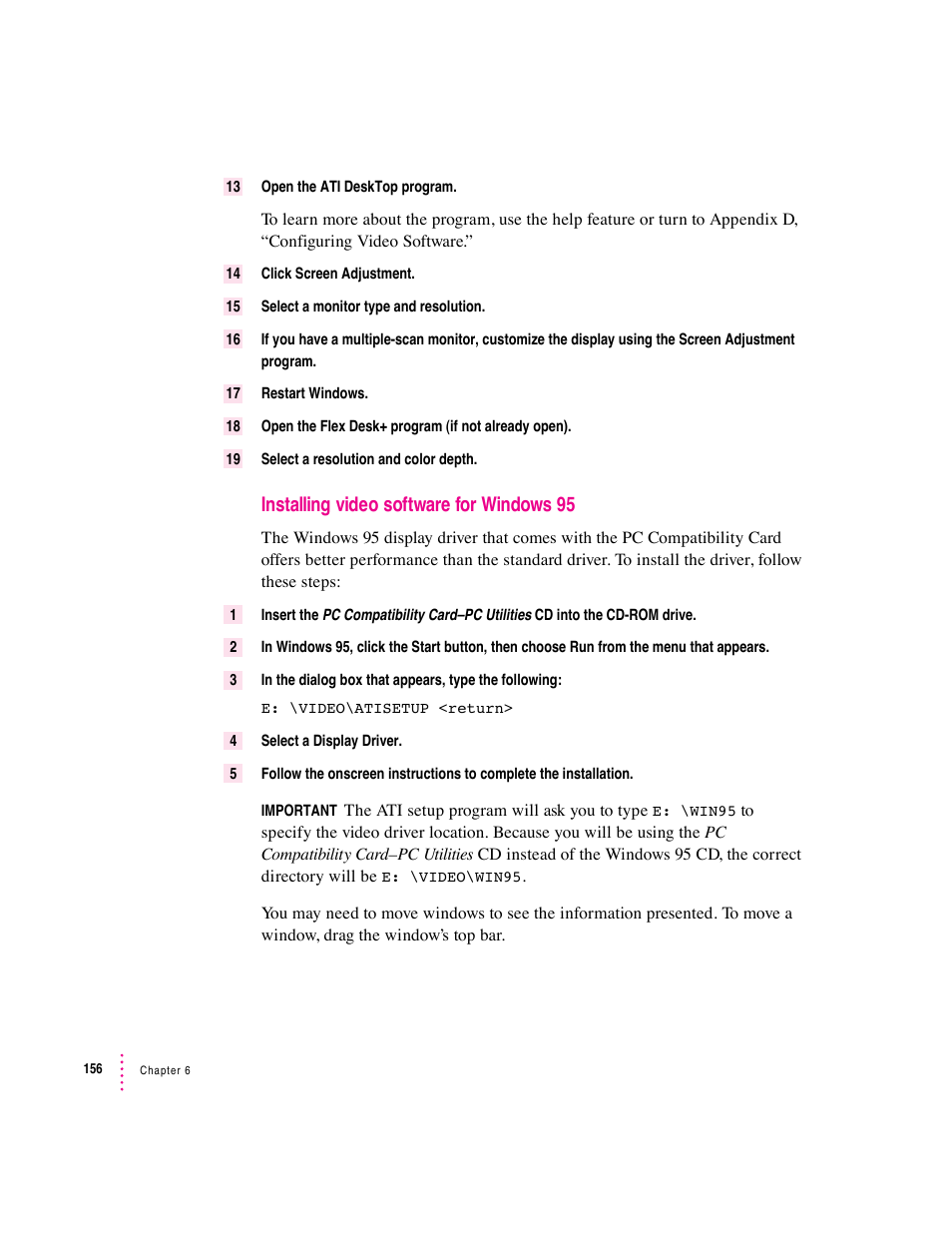 Installing video software for windows 95 | Apple PC Compatibility Card User Manual | Page 156 / 338