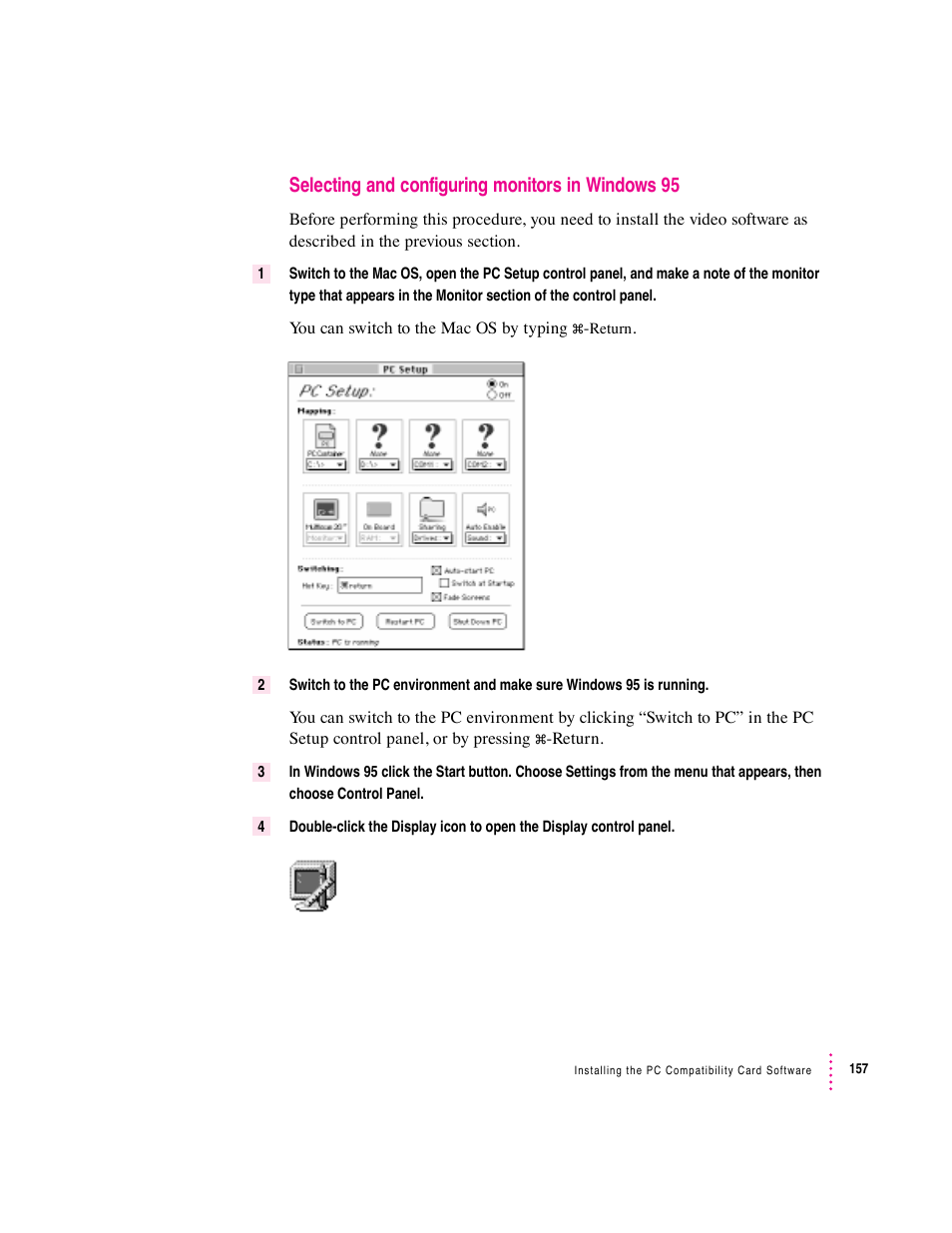 Selecting and configuring monitors in windows 95 | Apple PC Compatibility Card User Manual | Page 157 / 338