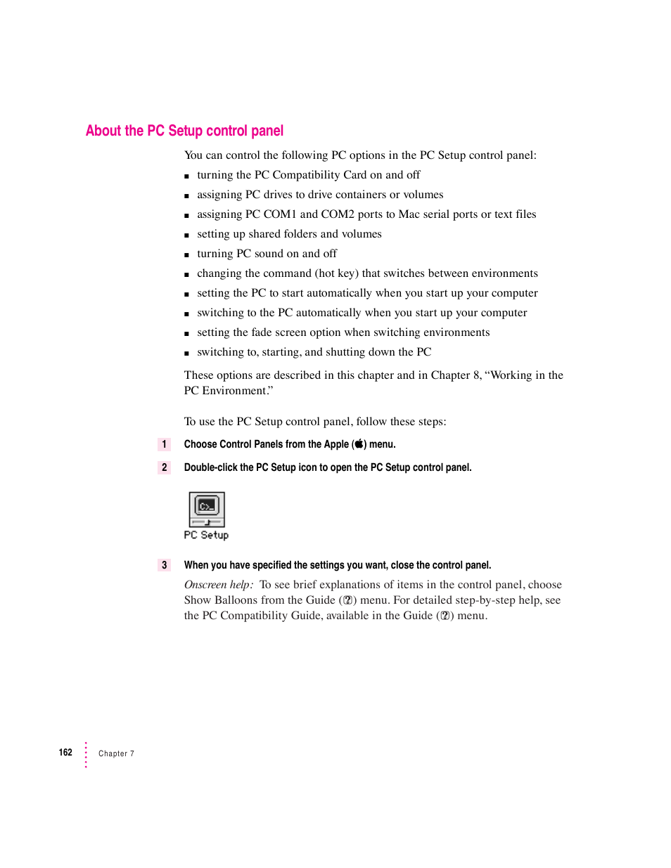 About the pc setup control panel | Apple PC Compatibility Card User Manual | Page 162 / 338