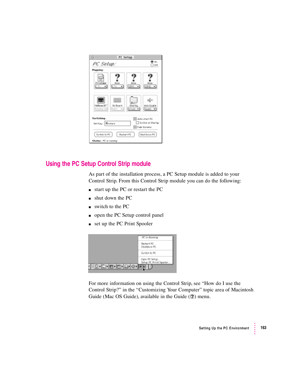 Using the pc setup control strip module | Apple PC Compatibility Card User Manual | Page 163 / 338