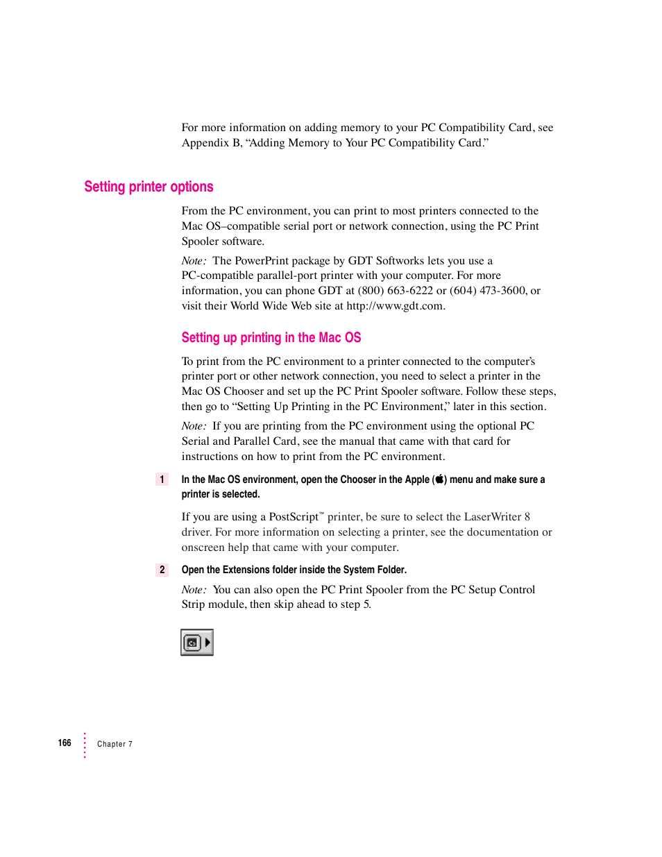 Setting printer options, Setting up printing in the mac os | Apple PC Compatibility Card User Manual | Page 166 / 338