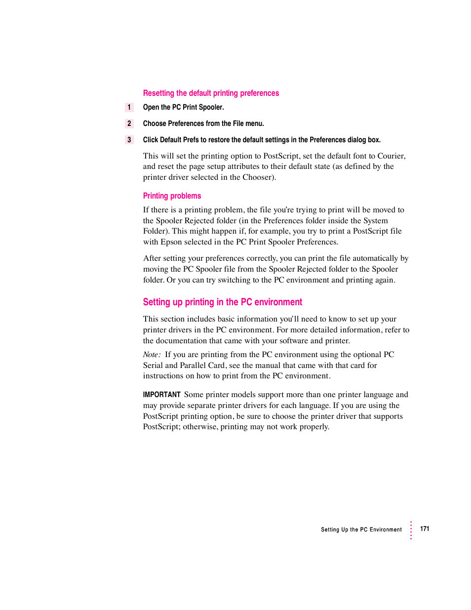 Setting up printing in the pc environment | Apple PC Compatibility Card User Manual | Page 171 / 338