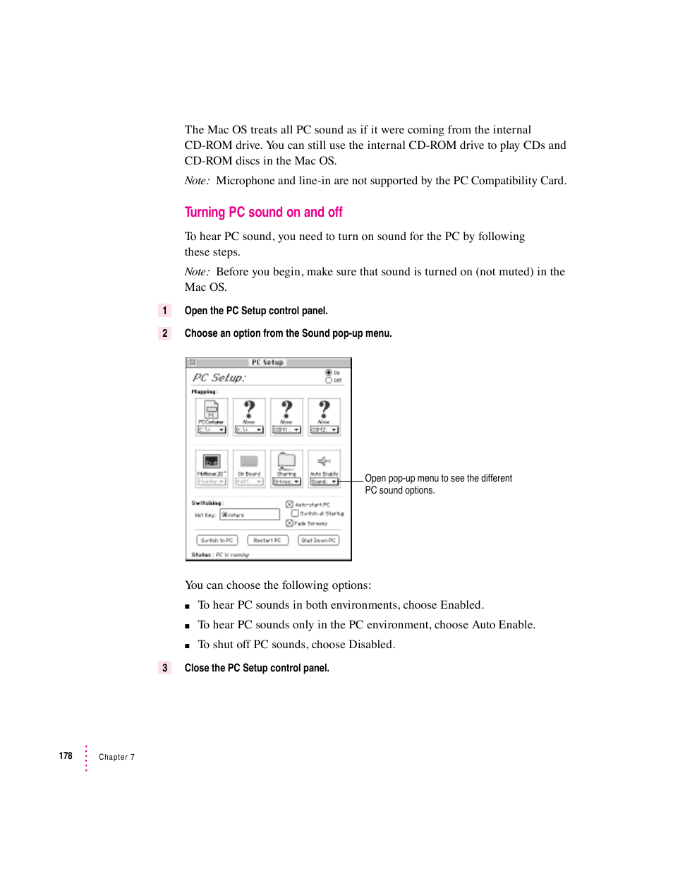 Turning pc sound on and off | Apple PC Compatibility Card User Manual | Page 178 / 338