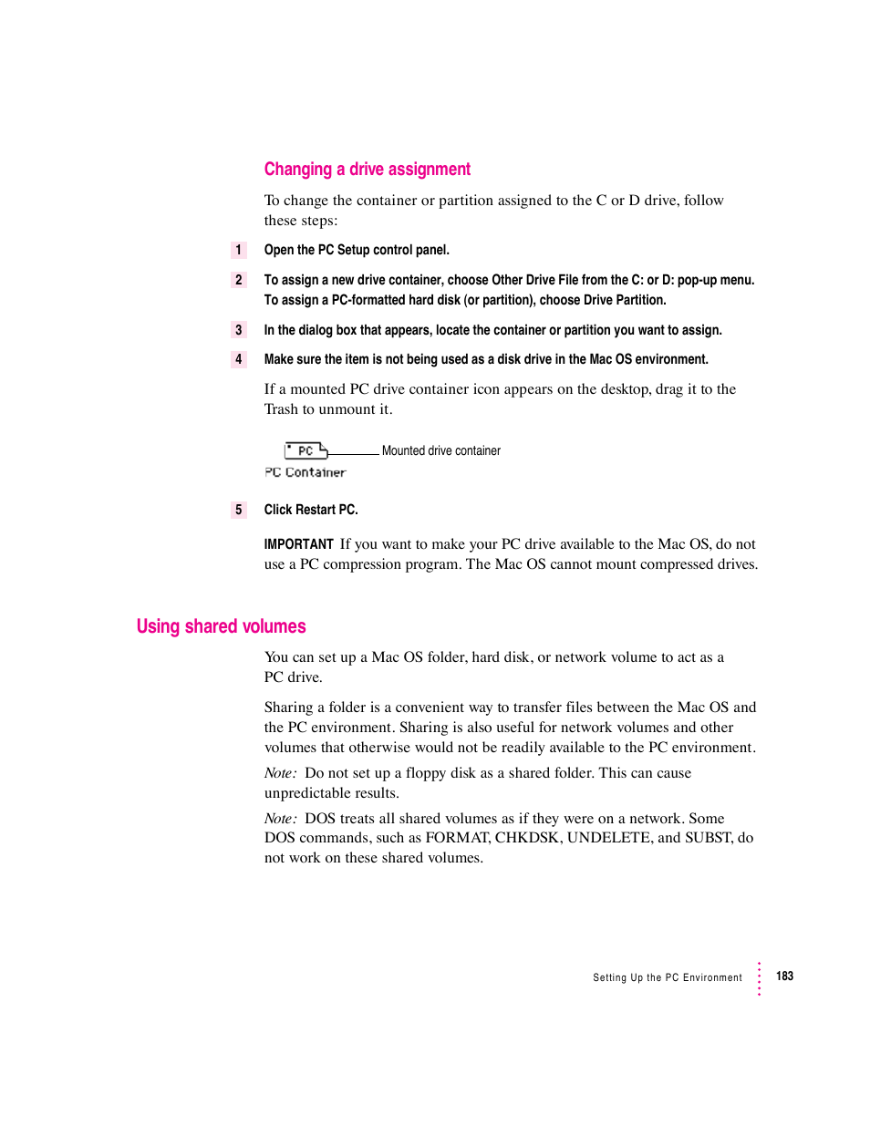 Using shared volumes, Changing a drive assignment | Apple PC Compatibility Card User Manual | Page 183 / 338