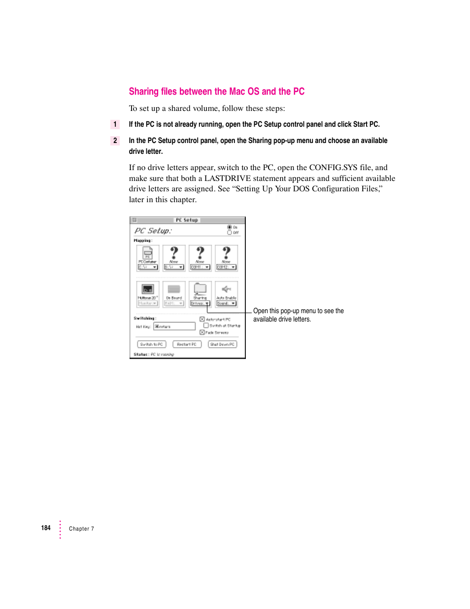 Sharing files between the mac os and the pc | Apple PC Compatibility Card User Manual | Page 184 / 338