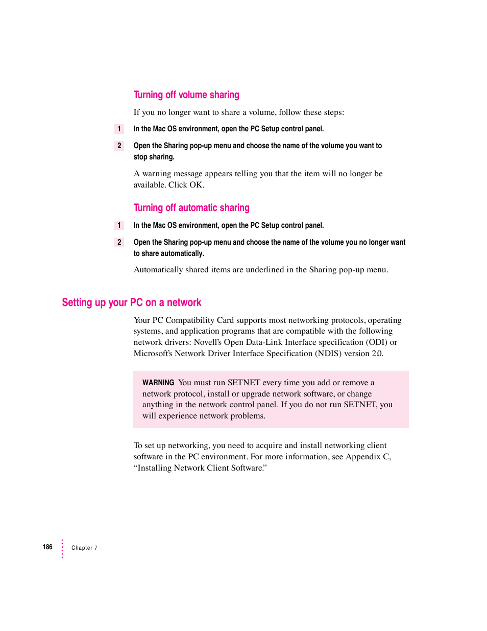 Setting up your pc on a network, Turning off volume sharing, Turning off automatic sharing | Apple PC Compatibility Card User Manual | Page 186 / 338