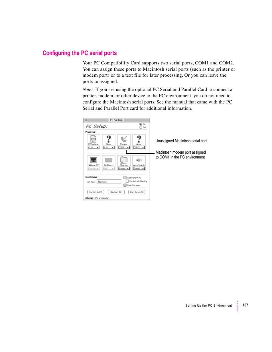 Configuring the pc serial ports | Apple PC Compatibility Card User Manual | Page 187 / 338